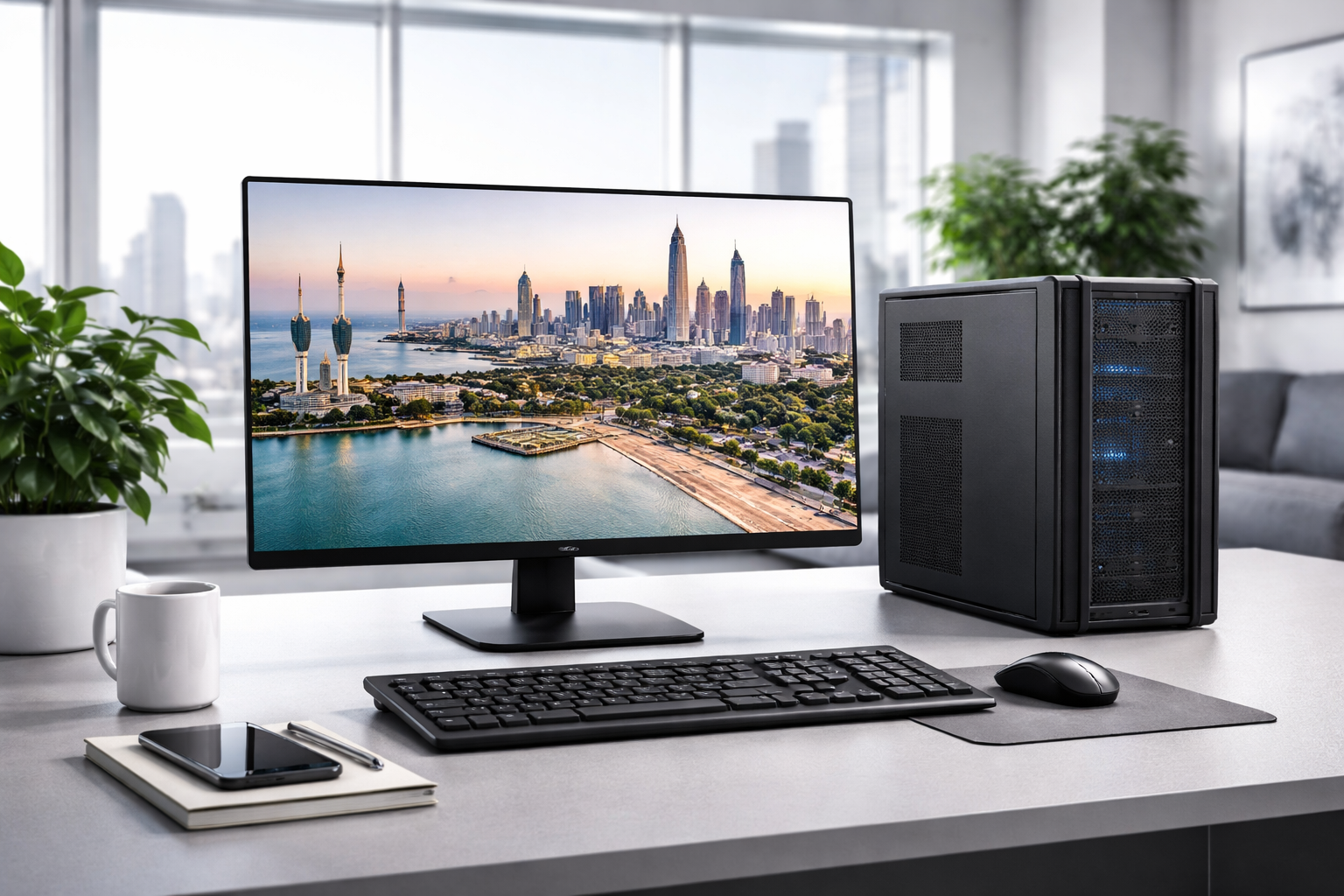 Modern office setup with monitor and desktop PC in Kuwait 2026